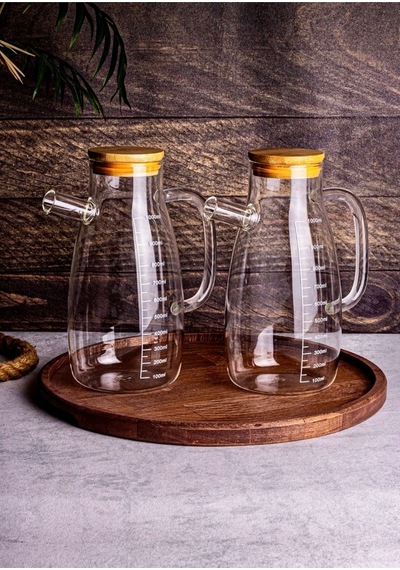 2 Li Bambu Vakumlu Kapaklı 1000 Ml Cam Yağdanlık Seti Ayçiçek Zeytinyağı Yağlık Takımı Şeffaf Şeffaf