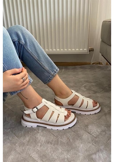 Kadın Beyaz Kafes Model Vardola Deyatlı Kalın Taban Ortopedik Sandalet K-140 Beyaz