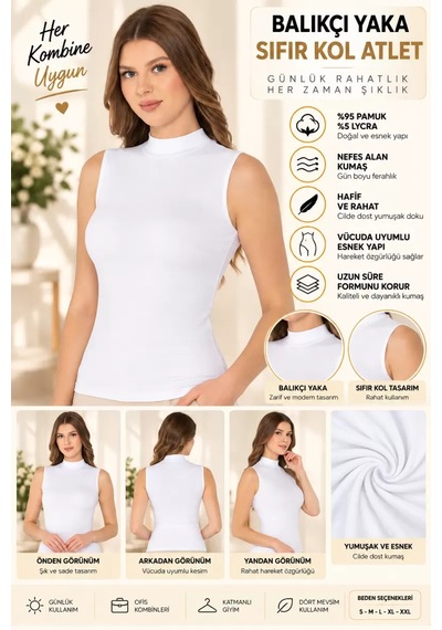 Kadın Balıkçı Yaka Sıfır Kol Atlet Beyaz, Esnek Kumaş, Vücuda Oturan Basic Kolsuz Body - Ryl - 2614