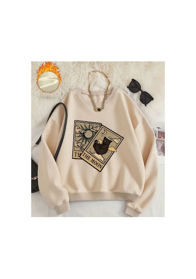 Herkesemoda The Moon Baskı Detaylı Bisiklet Yaka Sweatshirt Bej