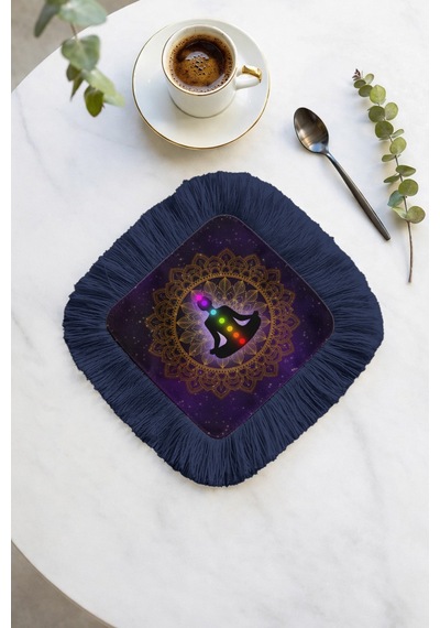 Mandala Saçaklı Sunum Peçetesi - Meditasyon Temalı Bohem Mor Lacivert Bardak Altlığı Mendil Çok Renkli