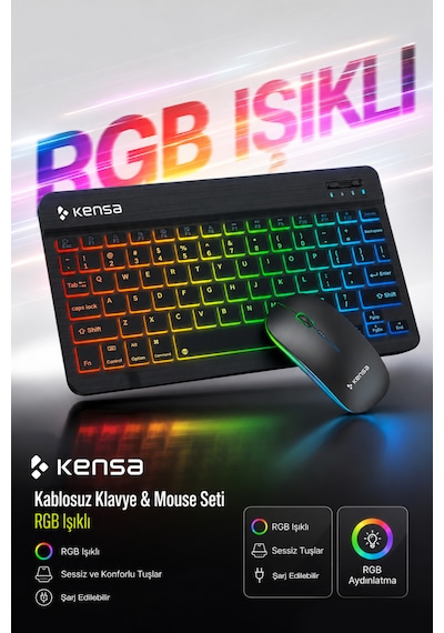 Tablet Ve Bilgisayar İçin Rgb Led Işıklı Taşınabilir Kablosuz Bluetooth Klavye Ve Dongle'lı Mouse Seti Siyah