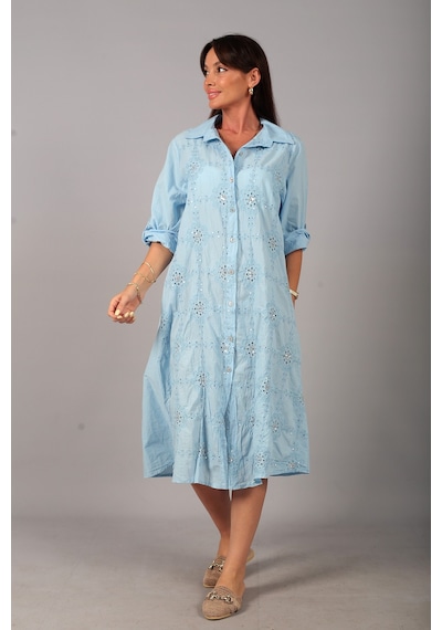 By Saygı Kadın İtalyan Cotton Cepli Kabartma Nakışlı Pullu Oversize Uzun Elbise Bebe Mavi