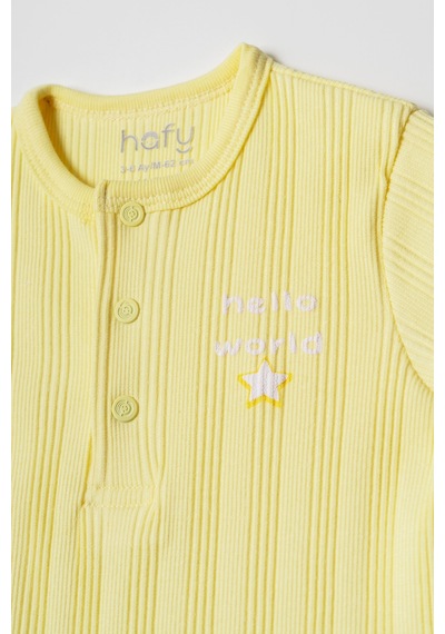 Hafy Baby Hello World İşlemeli, Kısa Kollu, Yazlık Bebek Tulumu Sarı