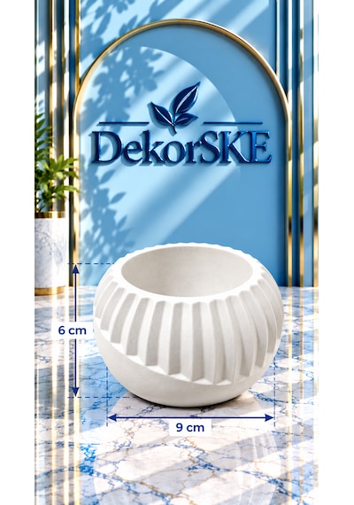 Dekorske - Taş Tozu Fitilli Saksı Ve Mumluk - 6x9 Cm - El Yapımı Kabartmalı Dekoratif Mini Saksı Ve Çok Amaçlı Ev Dekoru Beyaz