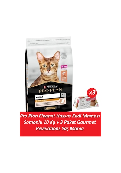 Pro Plan Elegant Kedi Maması Hassas Somonlu 10 Kg + 3 Adet Gourmet Somonlu Yaş Mama