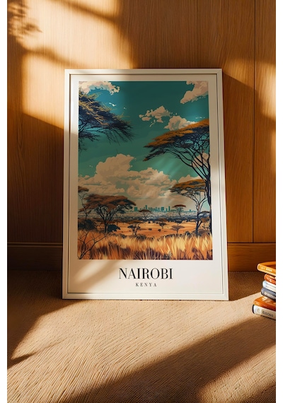 Nairobi Kenya Vintage Seyahat Posteri Çerçeveli Tablo - Premium Afrika Savana Elit Duvar Dekoru Beyaz