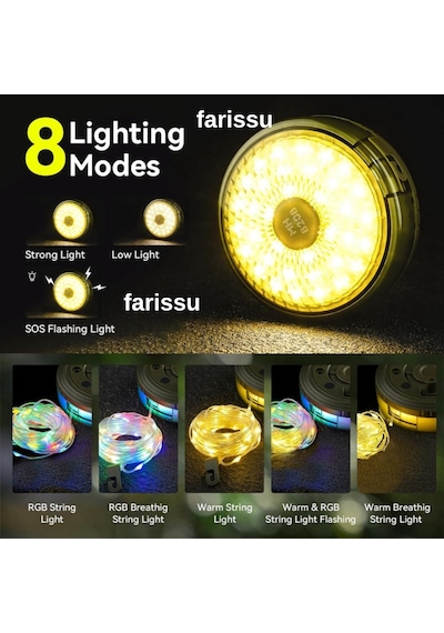8 Fonksiyonlu 10 Metre Rgb Led Kamp Lambası Powerbank Özellikli, Type-c Şarjlı, Taşınabilir Işık Zinciri Çok Renkli