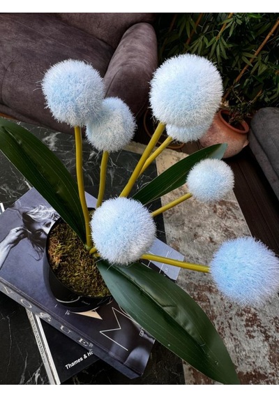Yapay Çiçek Mavi Pompon Siyah Saksıda Dekoratif Yapay Çiçek 30 20cm
