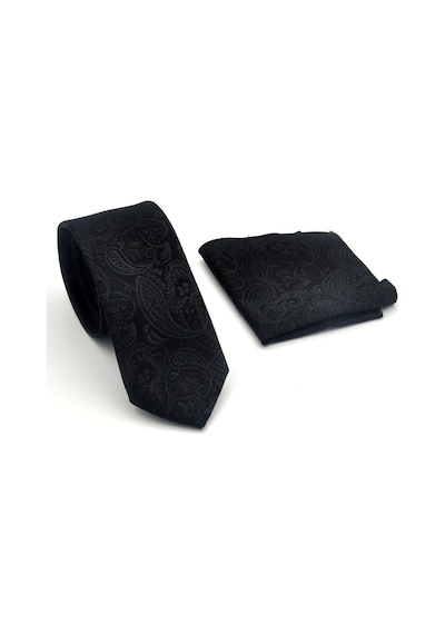 Gaffy Siyah Şal Desenli Dokuma Kumaş Mendilli Slim Fit Kravat // Sdk-2603-1 Siyah