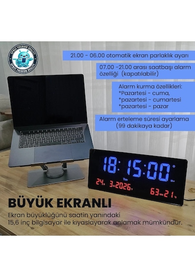Upway 15 36 Cm Büyük Hd Led Dijital Duvar Saati Alarm Tarih Sıcaklık Nem Siyah