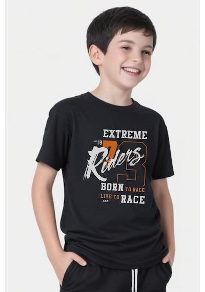 Panios Kids Extreme Riders Baskılı Erkek Çocuk Yuvarlak Yaka Kısa Kollu T-shirt Siyah