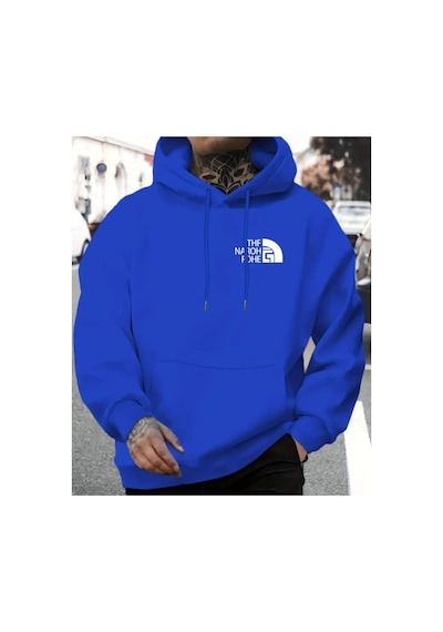 Herkesemoda Göğüs Baskı Yazı Detaylı İçi Polarlı Kapüşonlu Sweatshirt Mavi