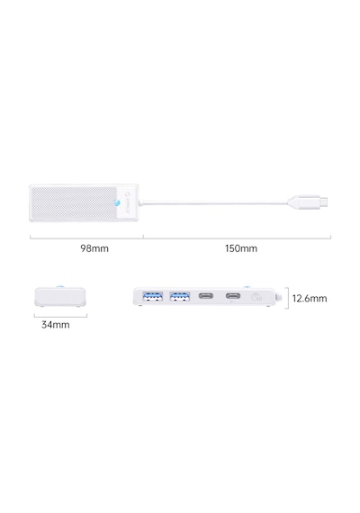Orico PAPW2AC-C3-015-WH 4 Portlu Type-C to USB 3.0 / Type-C PD 100W Yüksek Hızlı 5Gbps HUB Çoklayıcı Beyaz
