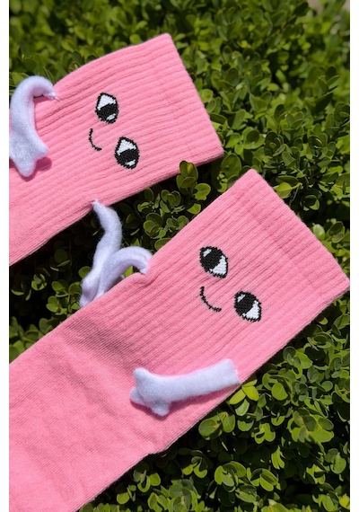Lousocks Unisex Pembe Elele Tutuşan - Halay Çeken Çorap 1 Çift - Sevimli Yüz İfadeli Soket Çorap