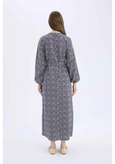 DeFacto Regular Fit Bisiklet Yaka Desenli Kuşaklı Uzun Kollu Maxi Elbise E5247AX25SPNV134