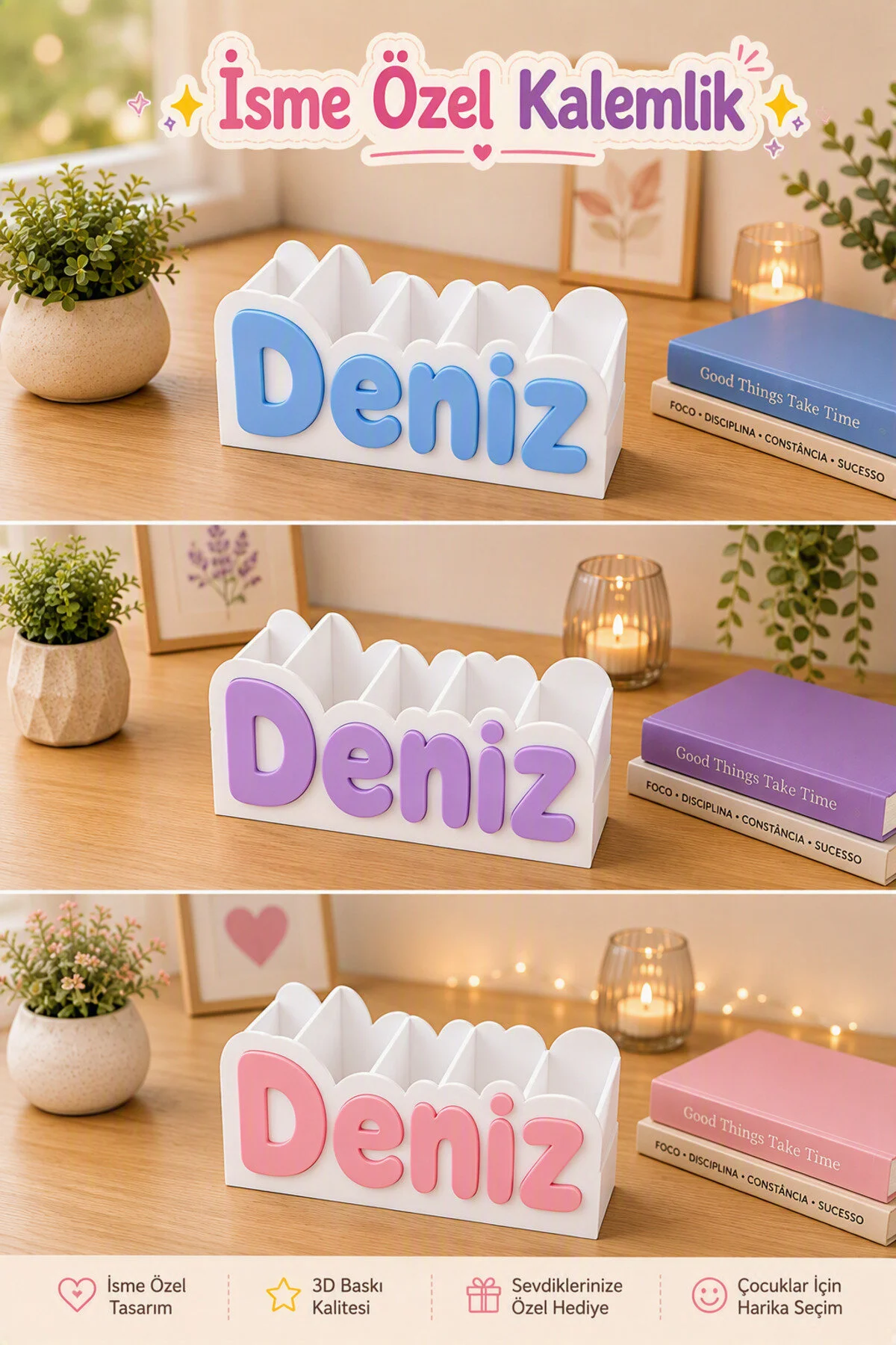 İsme Özel Kalemlik 3d Baskı Kalem Kutusu Masaüstü Organizer Kişiye Özel Hediye Beyaz