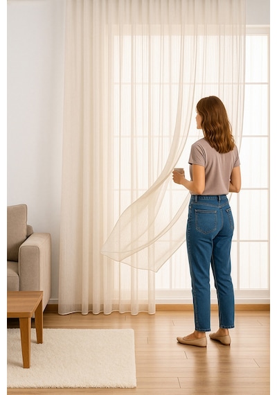 Keten İçeren Tül Perde Doğal Natural Ütü İstemez Salon Oturma Odası Yatak Odası Antre Krem
