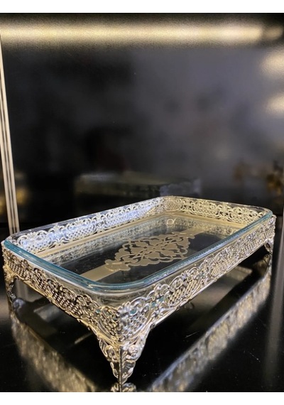 Platin Metal Standlı Borcamlı Dikdörtgen Sıcak Soğuk Servis Sunum