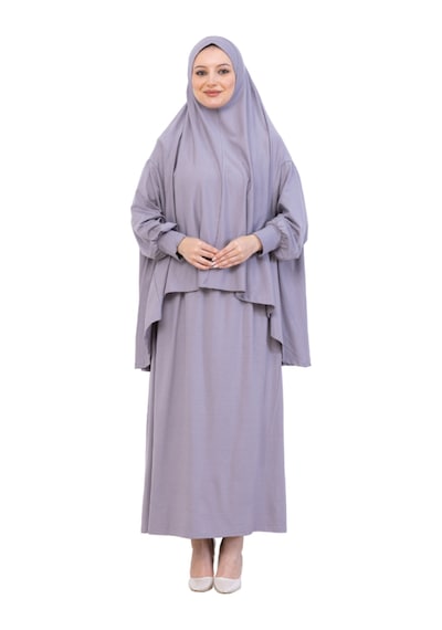 Modish Group İki Parça Namaz Elbisesi Uzun Pamuklu Tesettür Giyim Abaya & Başörtüsü Set Gri