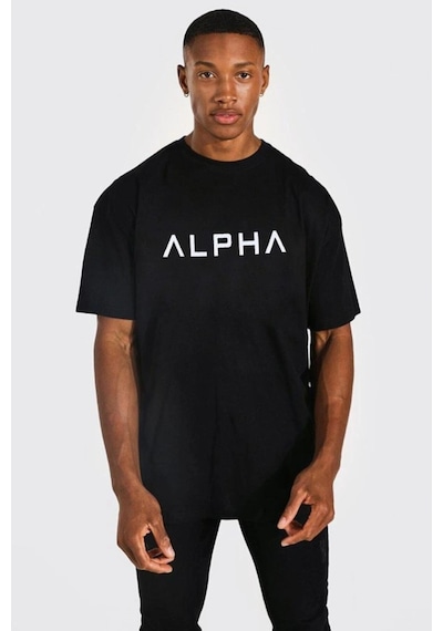 Startmore Erkek Siyah Alpha Baskılı Oversize Bisiklet Yaka T-shirt Siyah