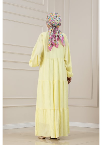 Sevitli Lilyum Kumaş Robalı Katya Elbise-sarı-5822