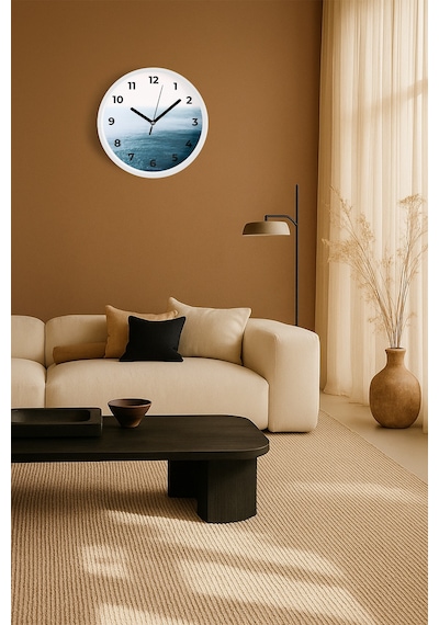 Sonsuz Deniz Manzaralı Modern Duvar Saati - 30cm - Önü Camlı Beyaz Kasa - Sessiz Mekanizma Beyaz