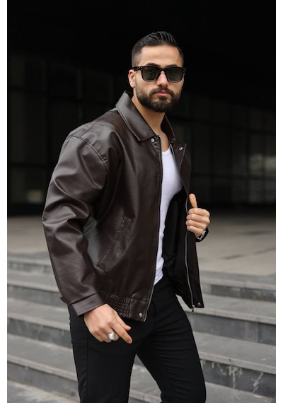 Yeni Sezon Dokulu Oversize Bol Kalıp Bomber Ceket Kahverengi Karbon Deri