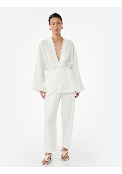 Koton Mandarin Yaka Beli Bağcıklı 3/4 Geniş Kollu Kimono Kırık Beyaz 5sak50120pw Ekru