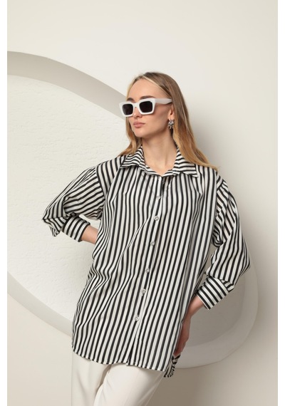 Chıcnhappy Poplin Kalın Çizgi Kadın Gömlek Siyah 24pn50610147 Siyah