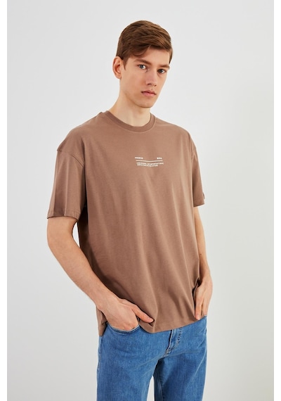 Leo Erkek Oversize Tshirt %100 Pamuk Bisiklet Yaka Baskı Detaylı Basic Tişört Vizon