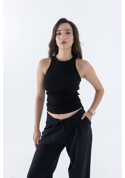 Comeor Fitilli Regular Fit Normal Kalıp Siyah Bisiklet Yaka Sıfır Kol Pamuklu Kadın Atlet Siyah