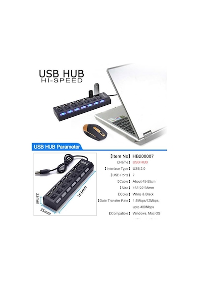 Lunatic 7448 7 Port Usb Hub Switch 40 Cm Çoklayıcı Çoğaltıcı Usb 2.0 - 480 Mbit/sn Veri Aktarım Hızı