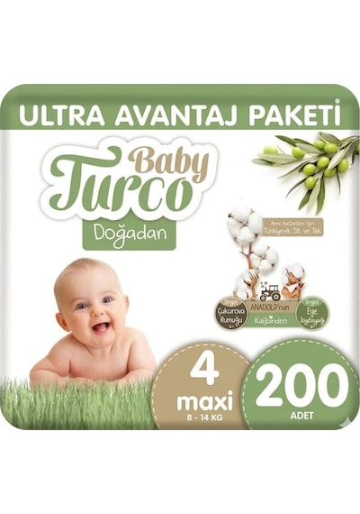 Baby Turco Doğadan Bebek Bezi Ultra Avantaj Paketi Maxi 4 Numara 200 Adet