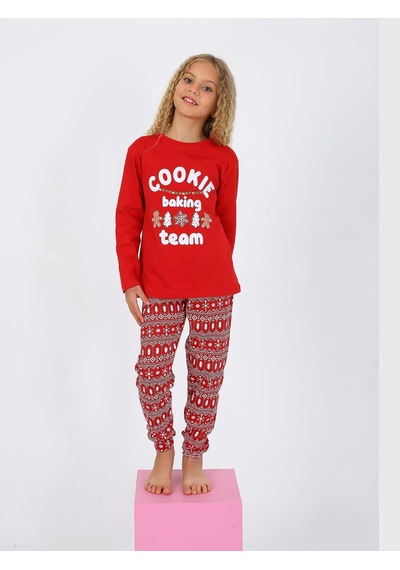 Kız Çocuk Uzun Kollu %100 Pamuklu Pijama Takımı Cookie Team Kırmızı