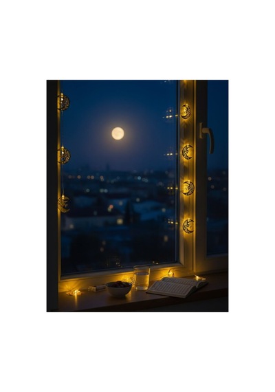 Minareli Hilal Led Işık Gold Metal Gövdeli Pilli Ramazan Dekoru Renkli Renkli