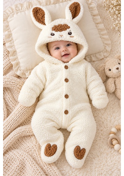 Beniizle 0-6 Ay Kuzu Desenli Peluş Bebek Tulum Kapüşonlu Welsoft Tulum Ekru