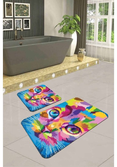 Renkli Kedili Desen Banyo Halısı Klozet Paspas Seti Bs263n11 Çok Renkli