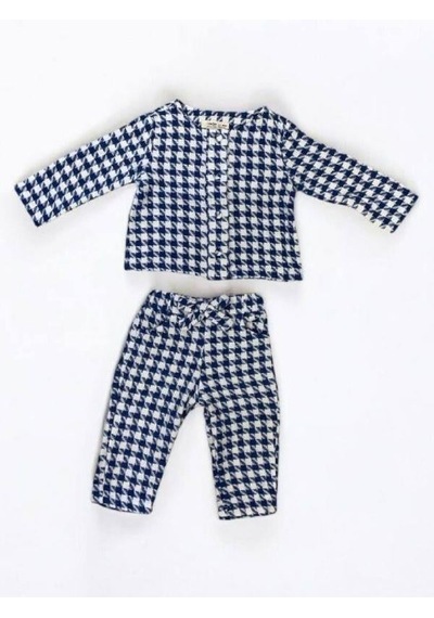 Çikoby Kız Bebek Dokuma Kazayağı Desenli Ceketli Pantolon Takım-13552 Mavi