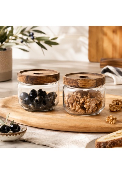 300 Ml Cam Kahvaltılık 2 Li Set, Akasya Kapaklı Şeffaf Cam Saklama Kavanozu, Kahvaltı Sunum Kabı, Zeytin Reçel Bal Kuruyemiş Sos Atıştırmalık Kavanozu