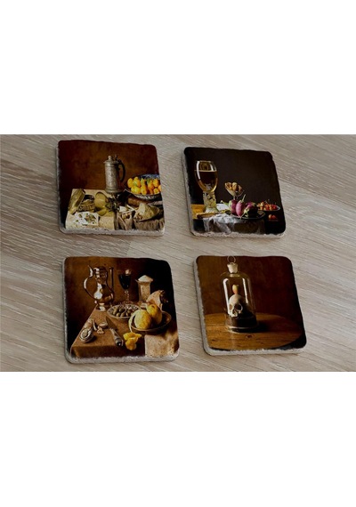 Eski Objeler Natürmort Doğal Taş Bardak Altlığı 4'lü Set - Natural Stone Coasters - Taş Çok Renkli