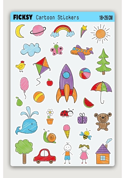 Sevimli Doodle Stili Sticker Seti - 32 Adet Etiket Çıkartma Diğer