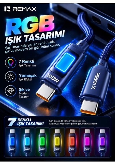 Remax Cb11-cc 100w Pd Type-c To Type-c 7 Renk Led Işıklı Örgülü Hızlı Şarj Ve Data Kablosu 1.2 Metre Lacivert