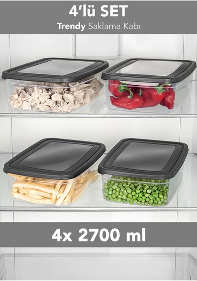4'lü Trendy Buzdolabı Düzenleyici - Mikrodalga Ve Difrize Uygun Organizer Saklama Difriz Kabı 2700ml Gri