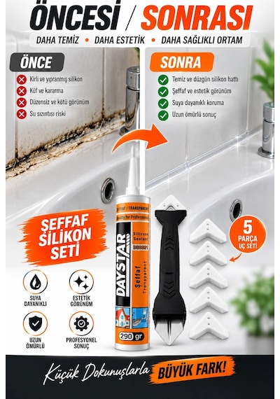 Şeffaf Silikon 290 Gr + 5 Başlıklı Silikon Kazıma Ve Derz Düzeltme Aparatı Seti