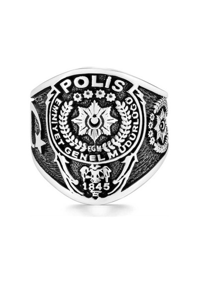 Gümüş Polis Armalı Türk Desenli Erkek Yüzük Gümüş Gümüş