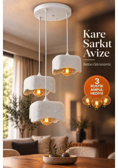 Beton Görünümlü 3'lü Kare Sarkıt Avize Modern Bohem Salon Yemek Masası G95 Rustik Led Ampul Hediyeli Beyaz