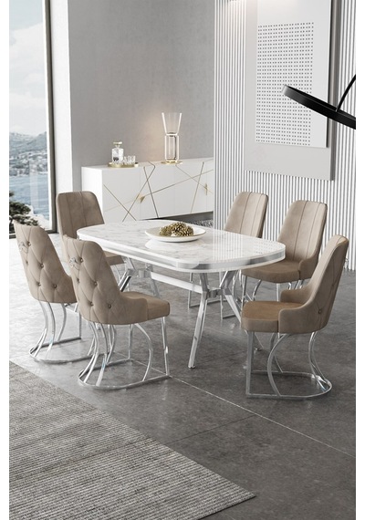 Canisa Epal Serisi 90x168 Lak Panel Beyaz Mermer Desen Masa Takımı Krom Ayaklı 6 Cappucino Sandalye Beyaz Mermer Desen Masa Sandalyeler Cappucino Canisa Epal Serisi 90x168 Lak Panel Beyaz Mermer Desen Masa Takımı Krom Ayaklı 6 Cappucino Sandalye Beyaz Mermer Desen Masa Sandalyeler Cappucino