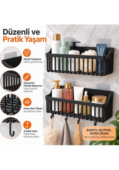Orret Home 2'li Yapışkanlı Banyo Duş Rafı Organizer, Askılı Plastik Raf Sepet, Delme Gerektirmeyen Duvara Monte, Hava Alan Su Tahliyeli Taban, 26x9x10 Cm, Siyah Açık Ceviz