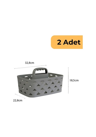 Deri Desenli Saplı Sepet, 2'li Set, Bej Gri